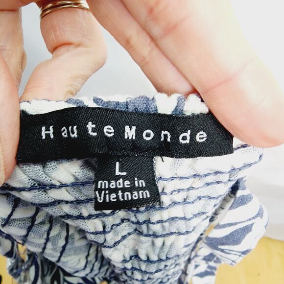 Haute Monde Blue & White Tropical Leaf Print V Neck Women's Crop Top Large - Picture 2 of 10